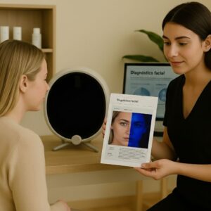 Mujer recibiendo diagnóstico facial profesional con tecnología avanzada en IMI Málaga
