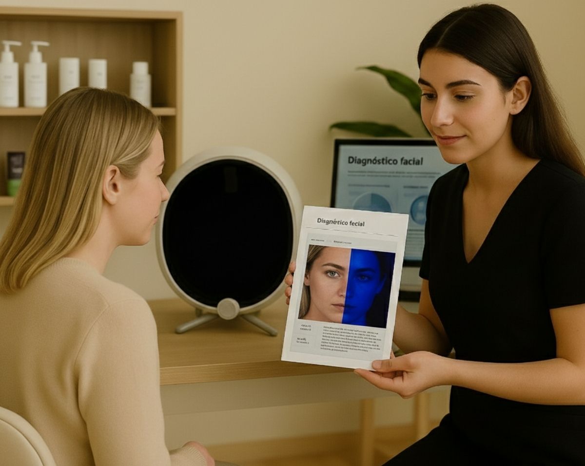 Mujer recibiendo diagnóstico facial profesional con tecnología avanzada en IMI Málaga