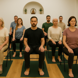 Sesión de meditación guiada y conciencia corporal en IMI Málaga, explorando respiración y escucha interna.