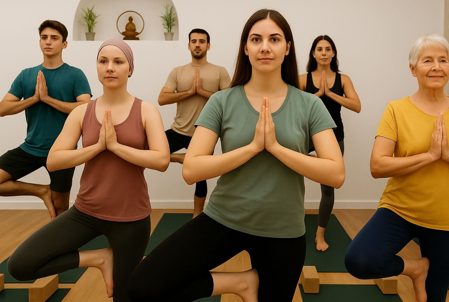 Clase de yoga en IMI Málaga enfocada en bienestar emocional y regulación del sistema nervioso.