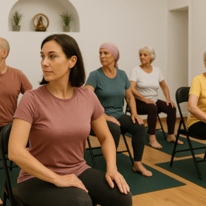 Sesión de yoga oncológico en IMI Málaga, práctica adaptada para personas con cáncer.